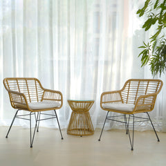 Balcony Furniture, 3 Piece Patio Set, Outdoor Wicker Chairs with Glass Top Table and Soft Cushion, Rattan Front Porch Furniture