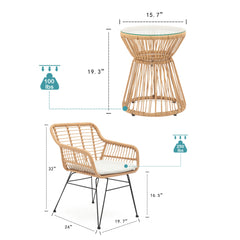 Balcony Furniture, 3 Piece Patio Set, Outdoor Wicker Chairs with Glass Top Table and Soft Cushion, Rattan Front Porch Furniture