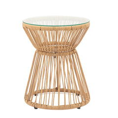 Balcony Furniture, 3 Piece Patio Set, Outdoor Wicker Chairs with Glass Top Table and Soft Cushion, Rattan Front Porch Furniture