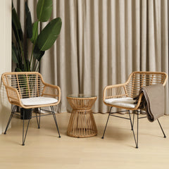 Balcony Furniture, 3 Piece Patio Set, Outdoor Wicker Chairs with Glass Top Table and Soft Cushion, Rattan Front Porch Furniture