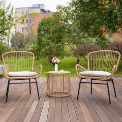 Balcony Furniture, 3 Piece Patio Set, Outdoor Wicker Chairs with Glass Top Table and Soft Cushion, Rattan Front Porch Furniture