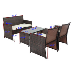 4 PCS Wicker Patio Conversation Set, Outdoor Rattan Sofas with Table Set, Patio Furniture Set with Soft Cushions & Tempered Glass Coffee Table