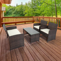 4 PCS Wicker Patio Conversation Set, Outdoor Rattan Sofas with Table Set, Patio Furniture Set with Soft Cushions & Tempered Glass Coffee Table