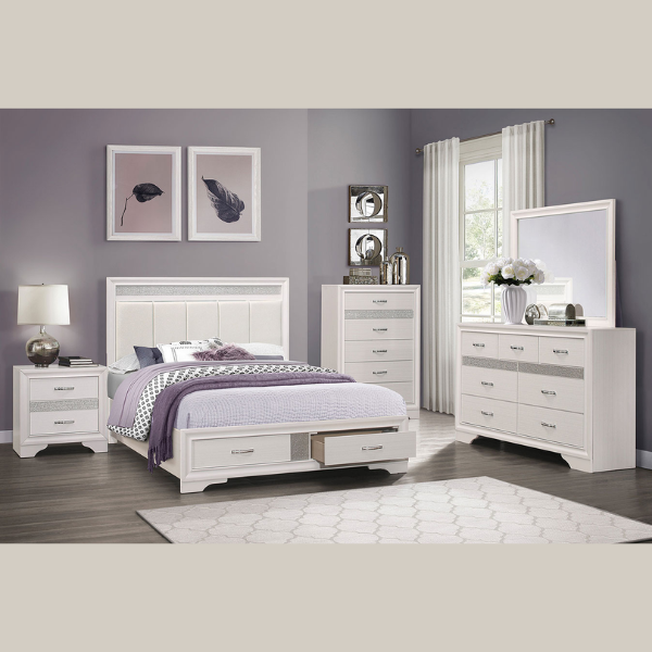 Home Elegance Luster Storage Bedroom Set (White) 4pc (B+NS+DR+MR)